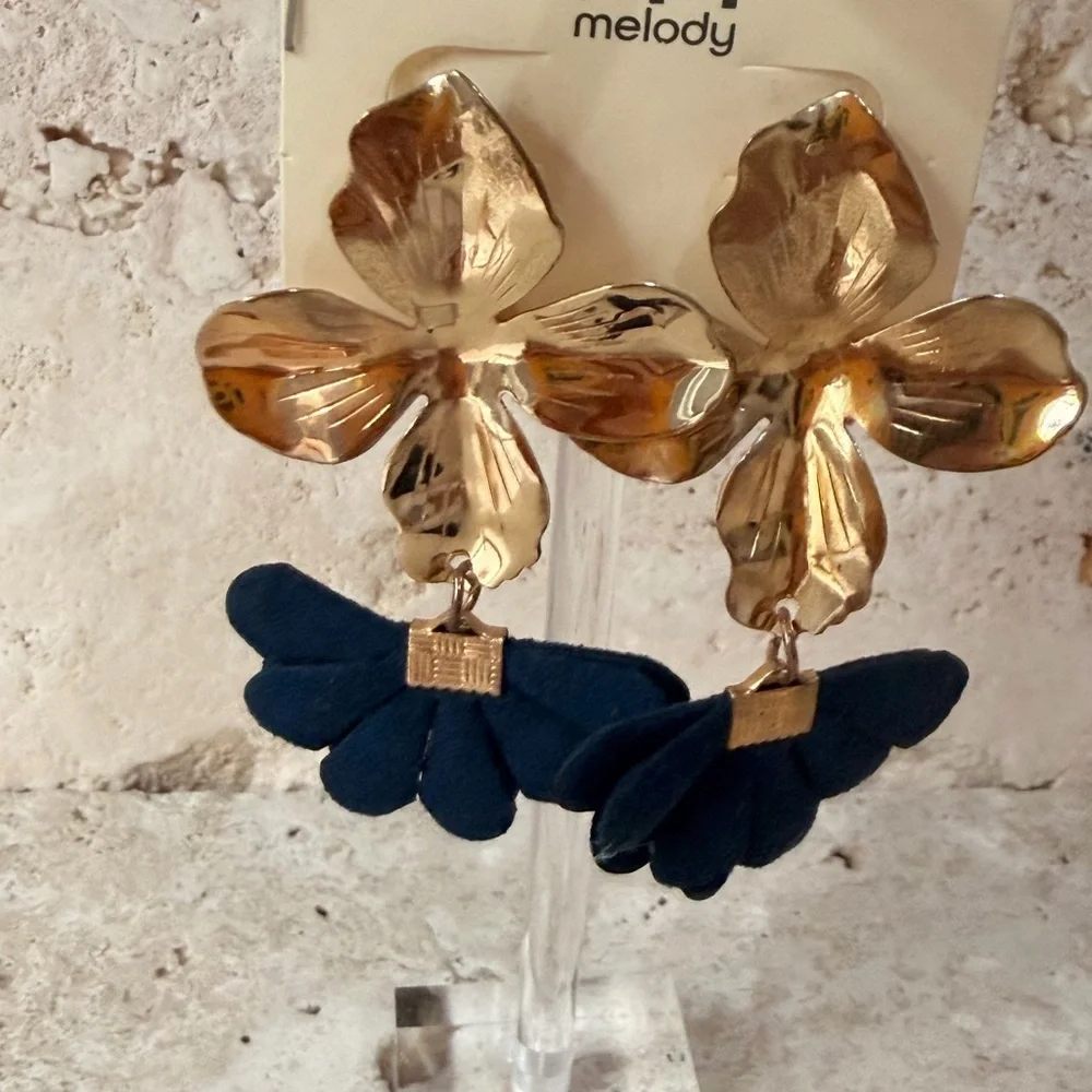 Gold & Navy Artisanal Floral Statement Earrings | Elegant Handcrafted Jewelry